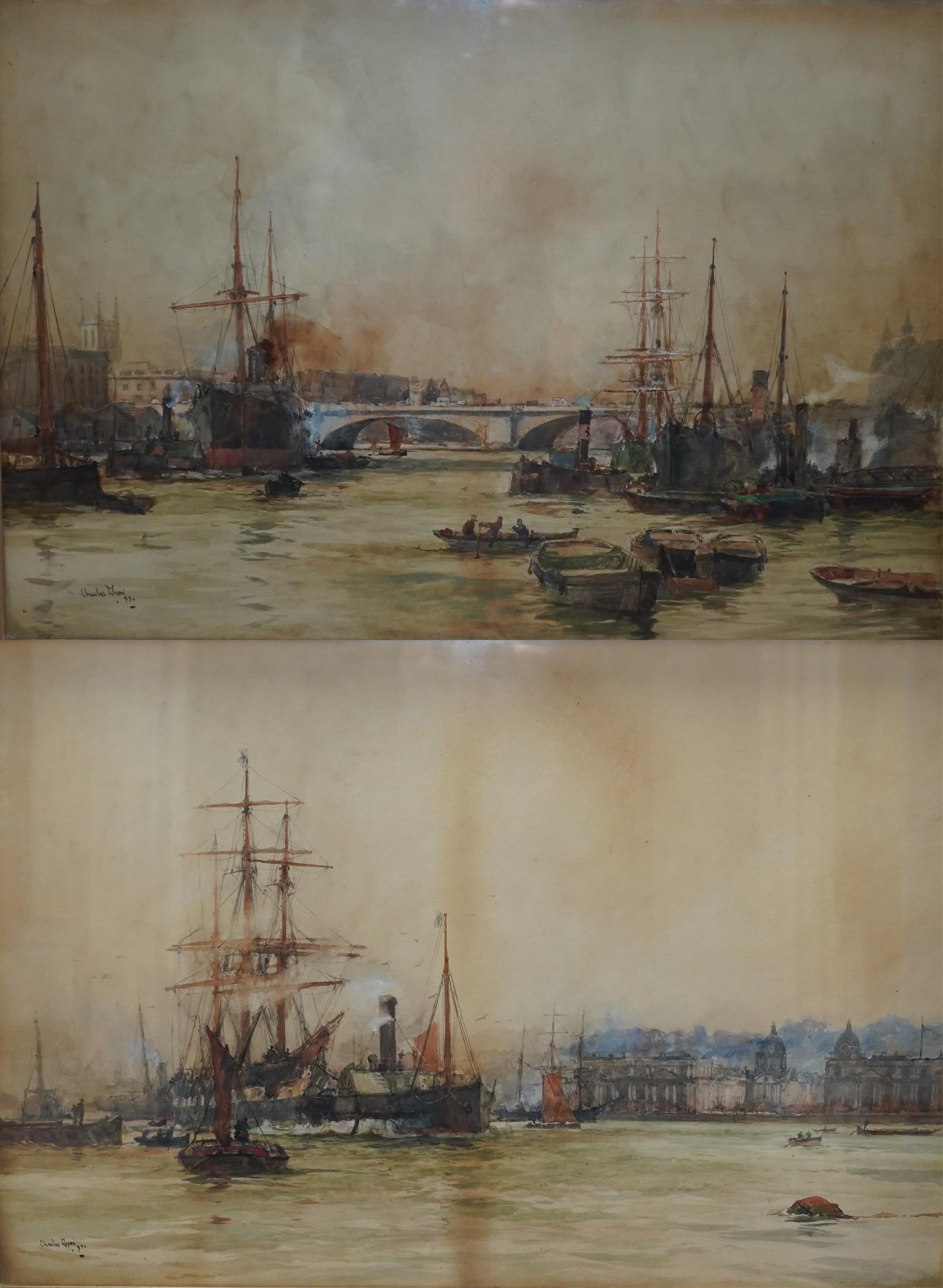 Charles Edward Dixon (English, 1872-1934), 'Greenwich Reach' and 'View to Southwark Bridge', watercolours, a pair, 36 x 53.5cm